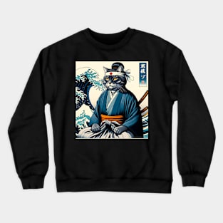 Vaporwave Samurai Cat Great Wave Off Kanagawa Crewneck Sweatshirt